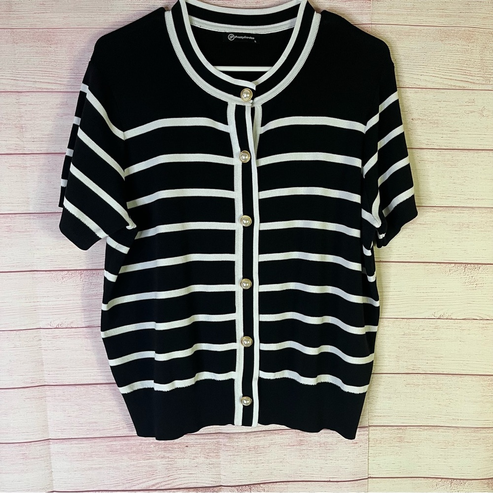 PrettyGarden Black White Pearl Button Knit Cardigan Sweater Size‎ Large